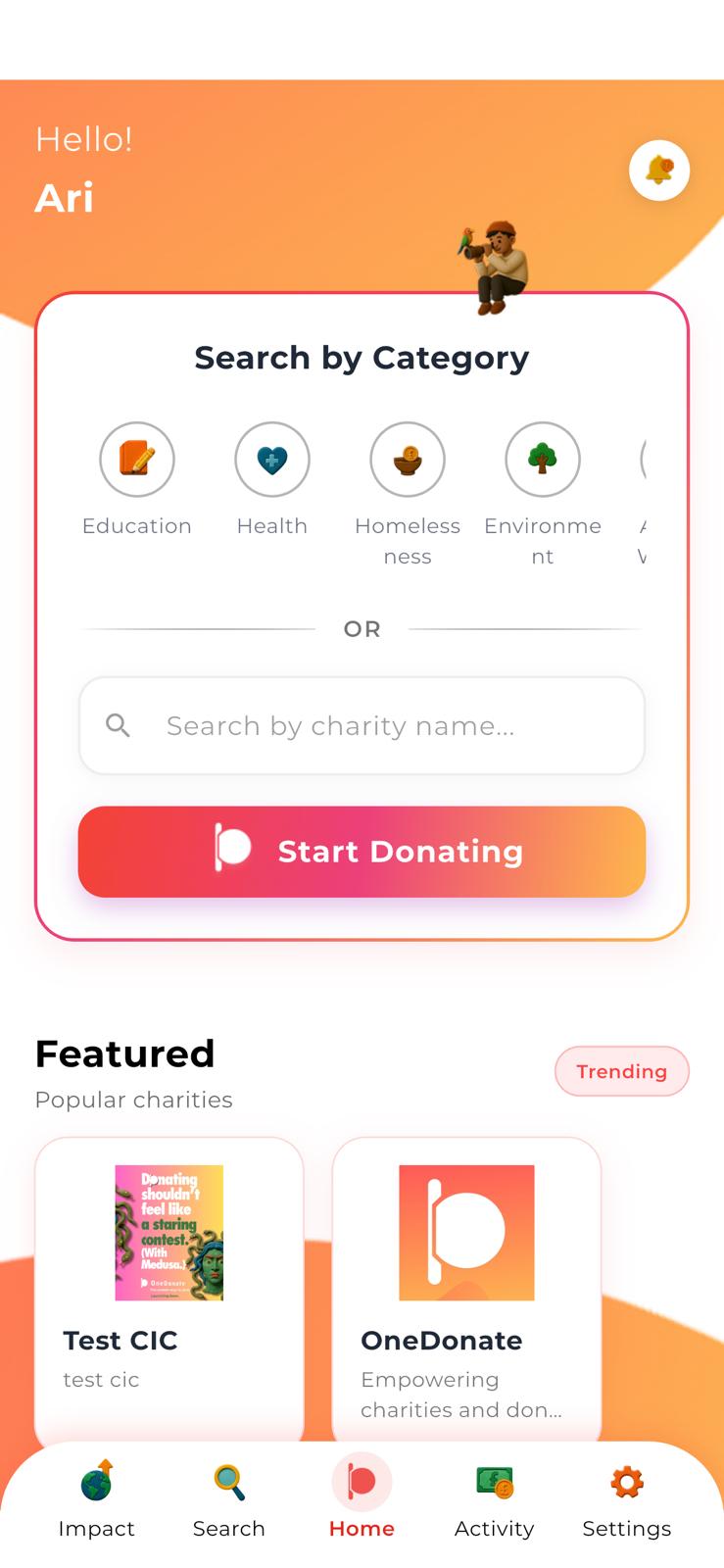 OneDonate UK charity donation app showing search by category and featured UK charities