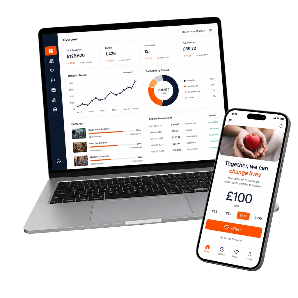 OneDonate fundraising dashboard on laptop and mobile donor app